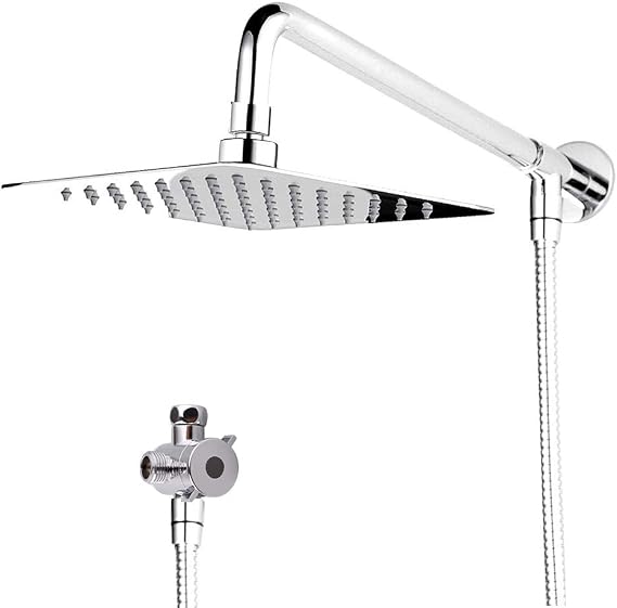 [Upgraded] IceMoon Wall Mount 8 inch Rainfall Square Stainless Steel Shower Head, Shower Arm,1.75m Double Interlocked Stainless Steel Hose,Teflon Tape Included, Chrome Finish