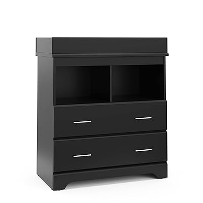 Storkcraft Brookside 2 Drawer Changing Table Dresser Black GREENGUARD Gold Certified, Easy-to-Match Chest of Drawers and Cubbies for Nursery and Kids Bedroom, Includes Changing Table Topper