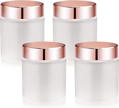 4 Pack,3.4 oz Frosted Glass Jars with Lids,Round Empty Storage Containers with Rose-Golden Lids & Inner Liners,Travel Jars Pot for Cosmetics,Gel,Scrubs,Makeup,Face Cream Lotion