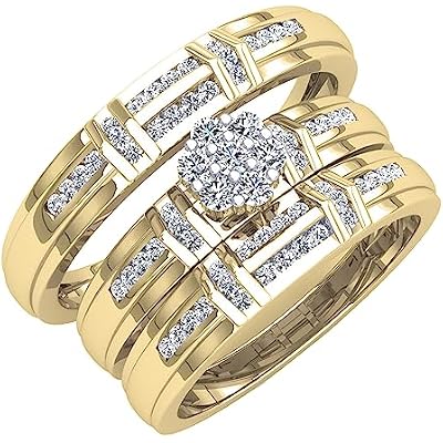Dazzlingrock Collection 0.50 Ctw Round White Natural Diamond Unisex Cluster Engagement Trio Ring Set in 10K Real Solid Gold