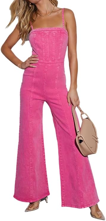 Women's Sleeveless Spaghetti Strap Flare Denim Jumpsuit Zip Back Sexy Slim Bell Bottom Jean Jumpsuits