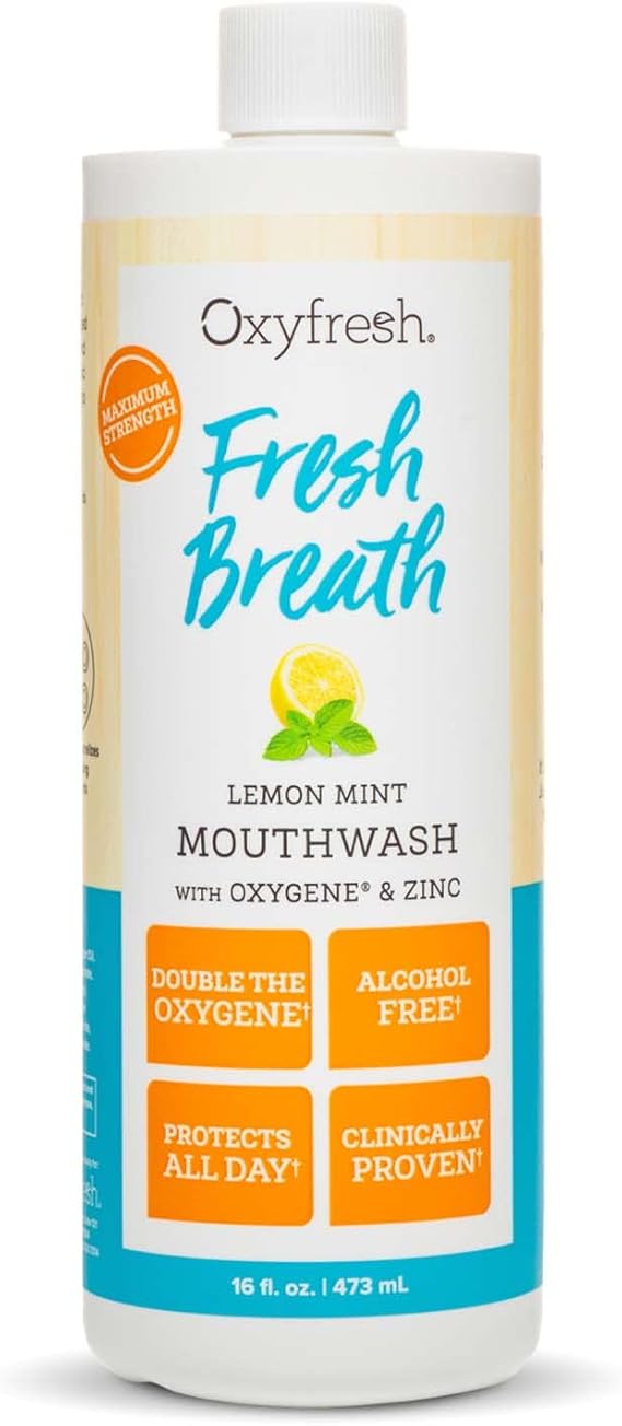 Oxyfresh Lemon Mint Fresh Breath Mouthwash Bad Breath Treatment SLS & Fluoride Free Alcohol Free, Gentle Nonburning with Xylitol & Essential Oils 16 Fl Oz