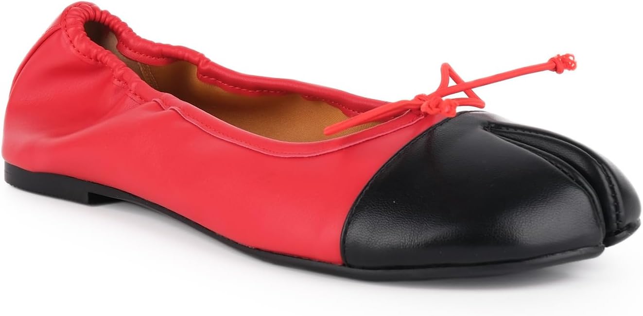 VERISSON Women's Tabi Flats with Bow Black White Two-Tone Split Toe Ballet Flats Cap Toe Comfort Street Dress Shoes