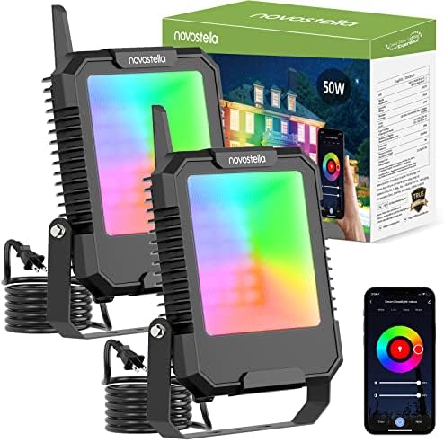 NOVOSTELLA Smart Flood Lights 50W 2Pcs RGBCW 2700K-6500K, Outdoor Floodlights, Christmas Color Changing Spotlights, Colored Landscape Flood Light IP66 Waterproof Stage Uplighting for Party Christmas