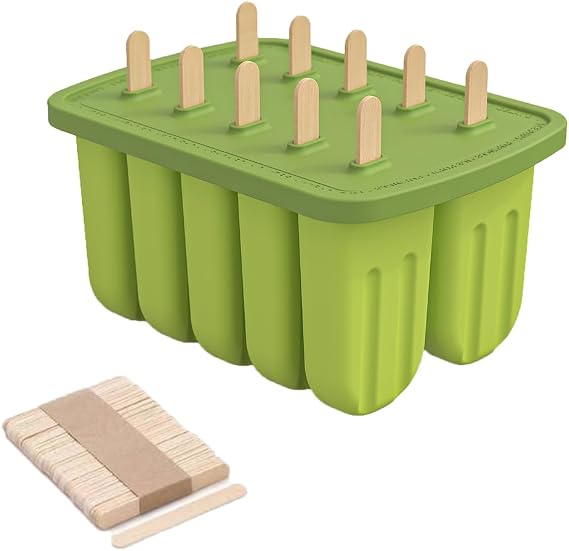 Popsicles Molds, 10 Cavity Homemade Frozen Ice Popsicle Maker-BPA Free, Silicone Freezer Molds with Sticks, DIY Ice Pop Mold for Kids Adult Teens (Green)