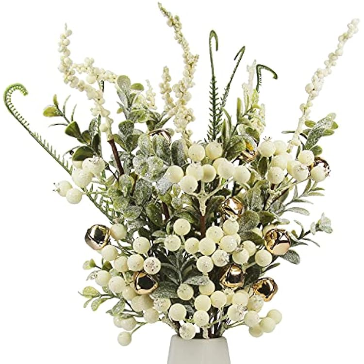 Tinsow 5 Pcs Artificial Berry Stems for Flower Arrangement Christmas White Holly Berry with Eucalyptus Branches for Wedding Bouquet Holiday Home Decor and Crafts White, 5