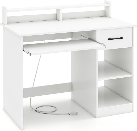 Computer Desk w/Drawer, Study Table w/Keyboard Tray & Power Outlet | Wood Makeup Vanity Table with Storage Shelves, Small Desk for Bedroom, Study, Living Room, Home Office (White, 35''H)