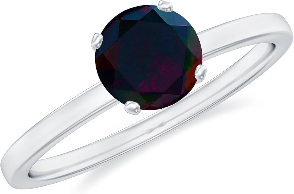 Certified Black Opal Solitaire Engagement Ring for Women, October Birthstone, Aaa Quality