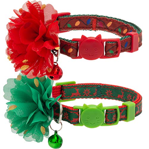 Christmas Cat Collar with Bell - 2 Pack Breakaway Adjustable Flower Cat Collars, Elk & String Lights Pattern Cute Pet Collars Set Holiday Decoration for Cats, Kitten, Small Animals