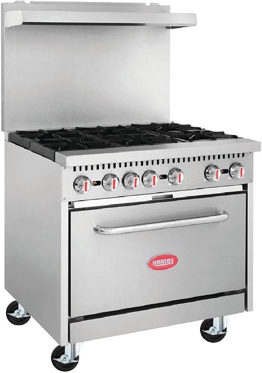 Kratos 36" Commercial Gas Range & Oven, 6 Burners  Size Oven, Natural Gas, 210,000 BTU Output, Mobile Range for Restaurants