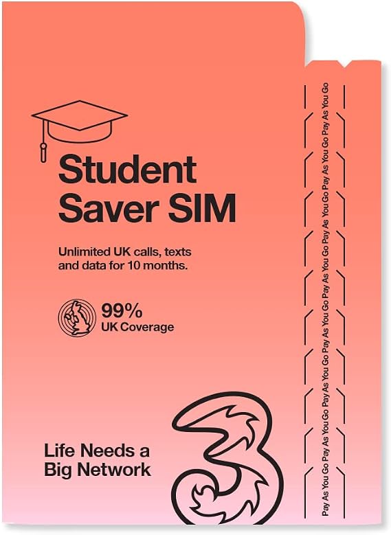 Three 10 Month Unlimited Student Saver Pay As You Go SIM