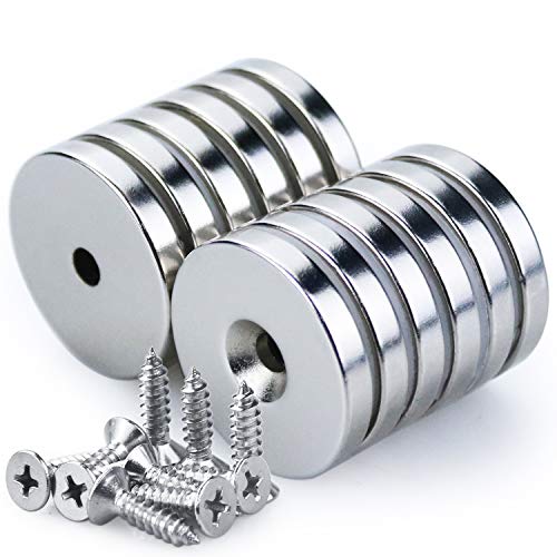 MIKEDE 12 Pack Neodymium Disc Countersunk Hole Magnets 1.26 inch D x 0.2 inch H Strong Permanent Rare Earth Magnets with 12 Screws Silver