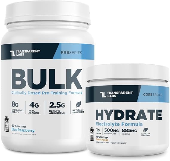 Transparent Labs Bulk Pre Workout Powder for Muscle Building & Strength 30 Servings, Blue Raspberry & Hydrate Electrolytes Powder with Coconut Water, Taurine, Potassium 40 Servings, Peach Mango