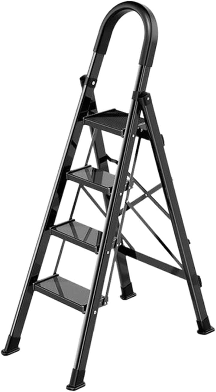HYO&ZOY 4-Step Ladder Sturdy Aluminum Alloy Step Ladder Folding Ladder with Convenient Handrail Non-Slip Pedal Multifunctional Ladder Flower Stand Shelf Organizer 330lbs Load Capacity Color : Black