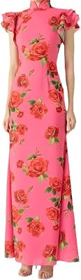 Recious Womens Sexy Cap Ruffles Sleeve Floral Printed Bodycon Party Clubwear Cheongsam Dress
