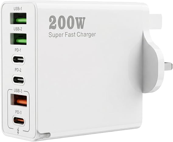 200W USB C Fast Charging Station, 6-Port Multi USB Charger Plug UK with PD 20W/45W/65W/100W, 2 Port Super Fast Charger Power Compatible with H-uawei i-Pads, MacBookTablets, Dell, S-amsung, i-Phone