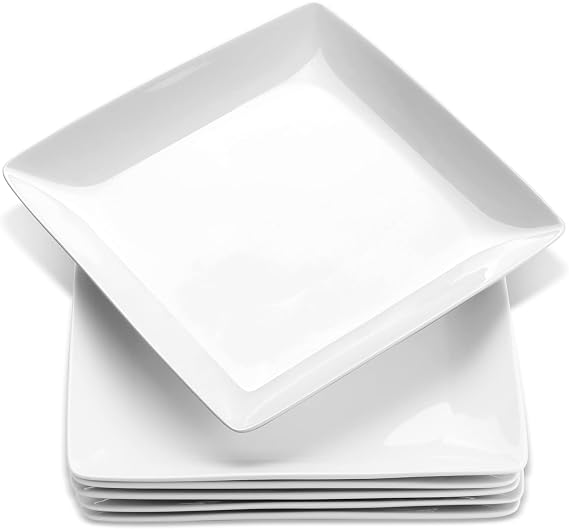 Porcelain Square Dinner Plates, 10.75 Inch Square Serving Plate for Steak, Pasta, Salad, Snacks, Pizza, Appetizer Plates, Set of 6, White | Ceramic Tableware, Raised Rim, Microwave & Dishwasher Safe, Stackable, for Steak, Pasta, Pizza, Everyday Dining, Easy clean