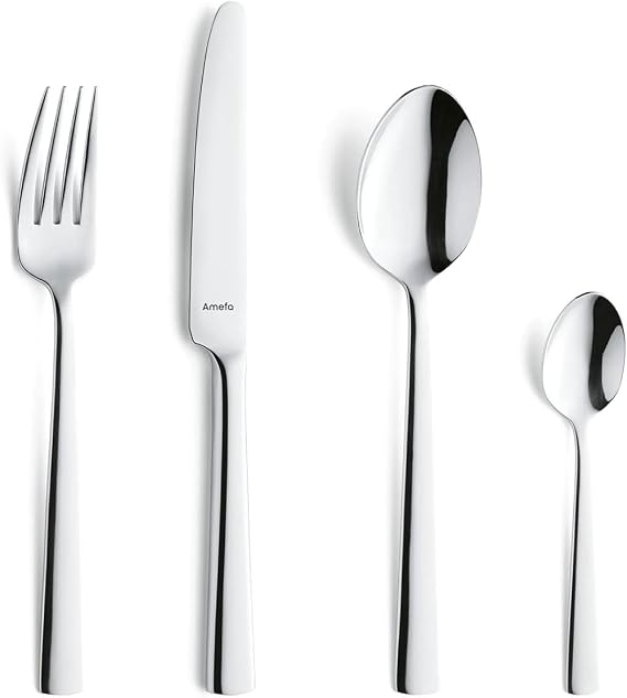 Amefa Moderno Cutlery Set for 6 People, 24 Pieces, High Gloss 18/10 Polished Stainless Steel Knives, Forks, Spoons and Teaspoons - Silver