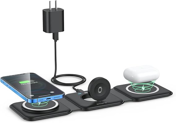 Wireless Charger 3 in 1,RTOPS Magnetic Traval Wireless Charging Station GaN Compatible with Apple Magsafe Multiple Devices for iphone17/16/15/14/13/Pro/Max,iWatch,AirPods4/3/2/Pro(Adapter Includes)