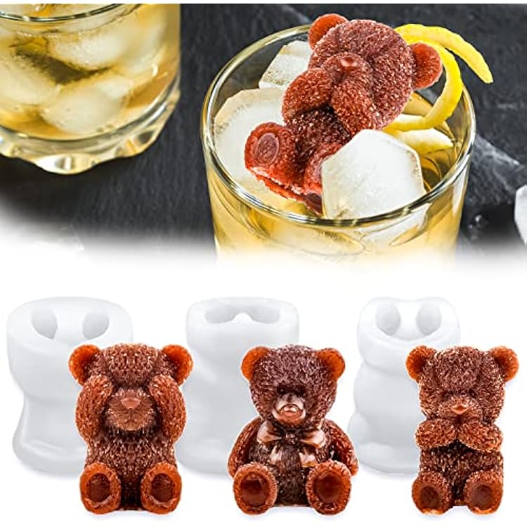 Whaline 3 Pack 3D Bear Summer Ice Cube Mold Silicone Cute Bear Mould Soap Candle Mold Ice Cube for Coffee Milk Tea Candy Gummy Fondant Cake Baking Cupcake Topper Decoration