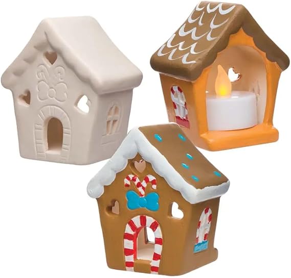 Baker Ross AR693 Gingerbread House Ceramic Tealight Holder Kits, for Kids Christmas Crafts and Gifts (Box of 3), Assorted