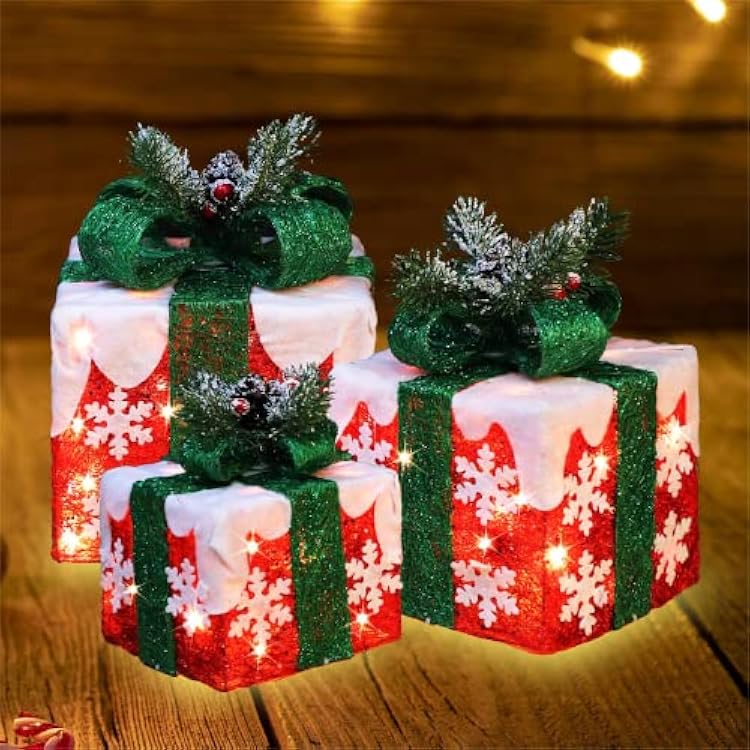 [Large 10x8.5x6.5 Christmas Set of 3 Lighted Gift Boxes Decorations Pre-lit 70 Super-Bright LED with Flashers,for Indoor Outdoor Christmas Tree Skirt Ornament Pathway Holiday Party Home