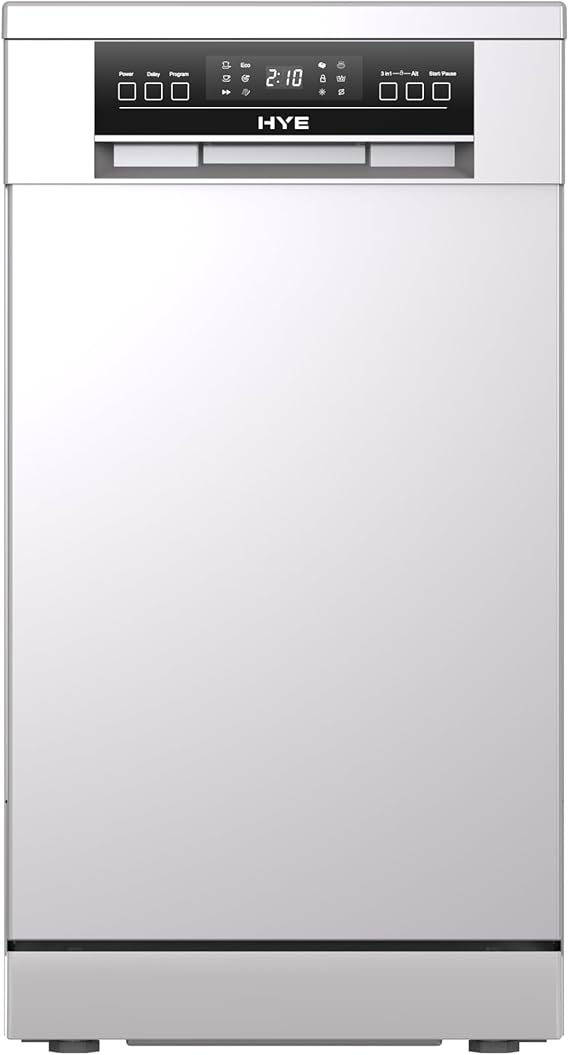 HYE Slimline Dishwasher - 9 Place Settings, Versatile Wash Programs, White