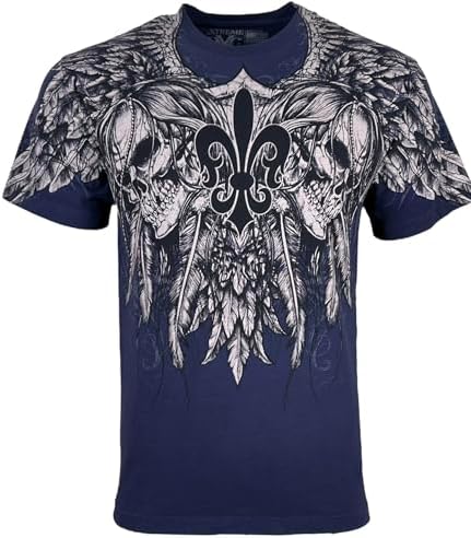 Xtreme Couture by Affliction Mens T-Shirt, Navy Blue, Wing Design Graphic Print, Short Sleeve