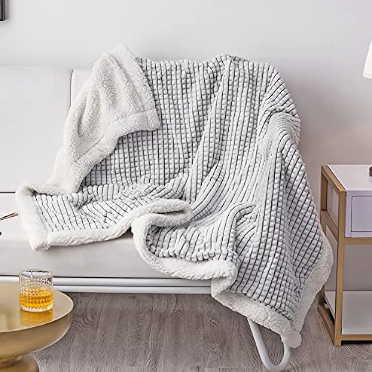 LOMAO Sherpa Blanket Throw Blanket Soft Warm Fleece Blanket Thick Blanket with Grid Pattern for Couch Sofa Bed Chair Home Decor Grey, 51x63