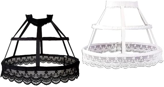 Women Victorian Petticoat 2 Hoops Crinoline Lolita Fishbone Hollow Bird Cage Skirt Embroidery Floral Lace Underskirt (White),One Size