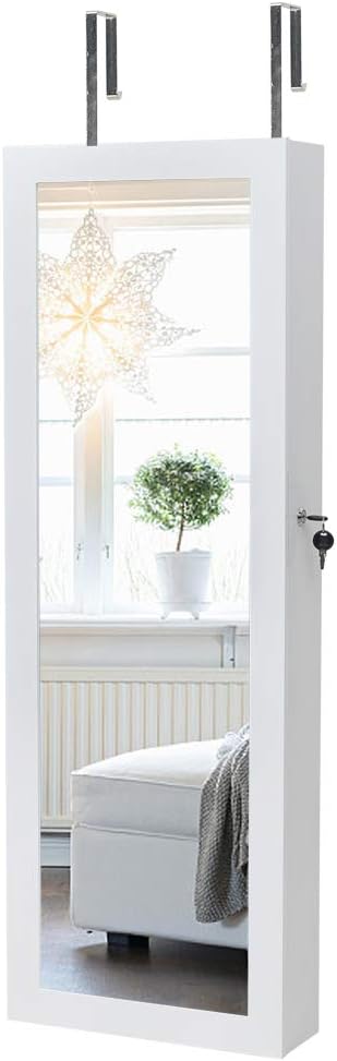 AUTOKOLA Jewelry Storage Mirror Cabinet for Bedroom, Non-Full Mirror Wooden Wall Hanging 3-Layer Shelf, 2 Drawers, 17 Cosmetic Brush Holders, 95 White LED Lights with Interior Mirror, White