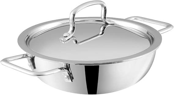 Vinod Platinum Kadai Triply Stainless Steel | Suitable for Indian Cooking, Sauces, Stews, Soups | Deep/Extra Deep Kadai | Induction, Electric Friendly (Extra Deep Kadai, 20cm)