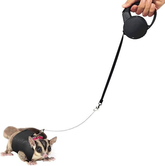La La Pet Adjustable Retractable Sugar Glider Harness and Leash Set for Small Animals - Hamster, Outdoor Activities - Black, M