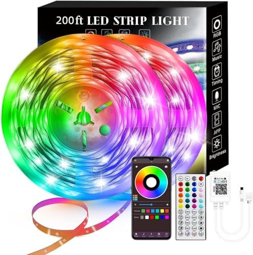 200FT Outdoor led Strip Lights Waterproof IP67 led Lights Smart Phone Control, Sync to Music with 44 Key Remote Controller LED Lights for Bedroom,Christmas Lights decration Multi-Colored,200FT