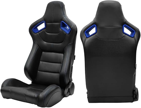 Universal Racing Seats w/Dual Slider, 1 Pair, Black w/Blue Bezel & Stitch | MODILOVER, Adjustable Reclining Bucket Seats, PU Leather & Carbon Leather Sport Seat, for Driver & Passenger Side