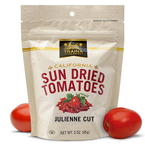 Traina Home Grown California Sun Dried Julienne Cut Sun Dried Tomatoes - 3 oz.,12 pk - Non GMO, Gluten Free, Kosher, Packed in Resealable Pouch Pack of 12