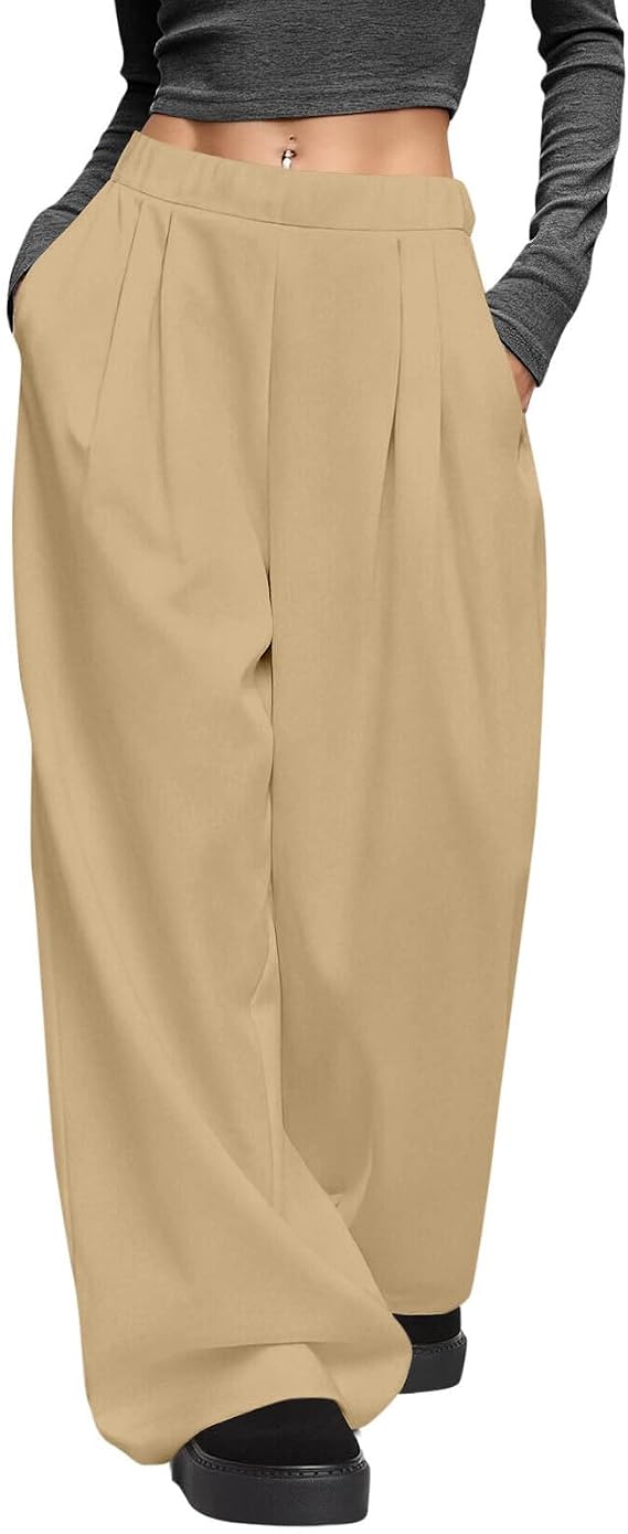 Casual Wide Leg Pants for Women 2026 Fashion Elastic Waist Baggy Trousers Dressy Comfy Solid Color Outdoor Long Pants