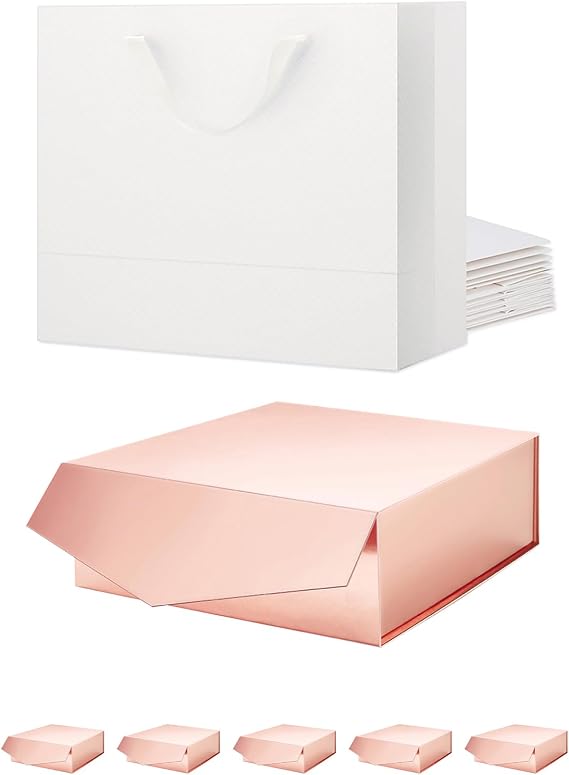 6 Gift Boxes with Lids, Large Christmas Gift Boxes 9x9x3.4 Inches, 12 Large Gift Bags 13x5x10 Inches, Gift Bags Large Size, White Gift Bags with Handles