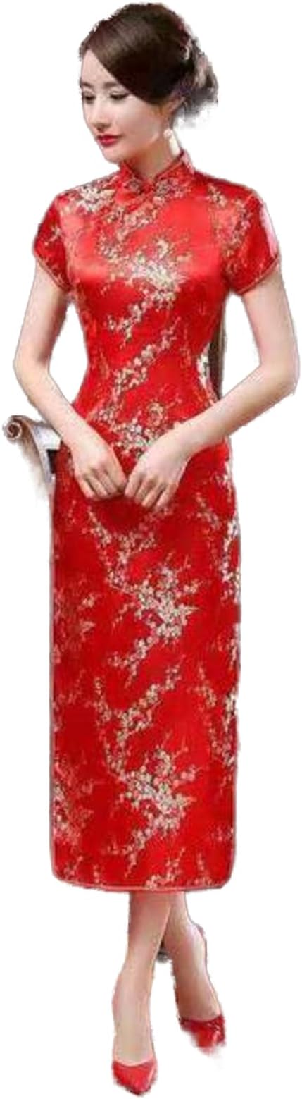 REDBMX Chinese Style Vintage Qipao Summer Short Sleeve Long Qipao Traditional Dress Women Cheongsam Middle Age Women Clothing, XX-Large