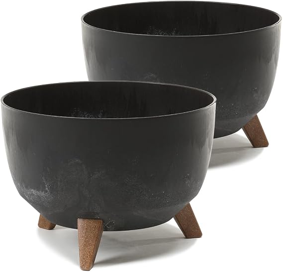 Tymar Large Planter with Feet Flower Planter for Outdoor Use Large Flower Pot Bowl for Solar Fountain Patio Pot Round Roma (2 Pack) Concrete Black Diameter 47 cm)