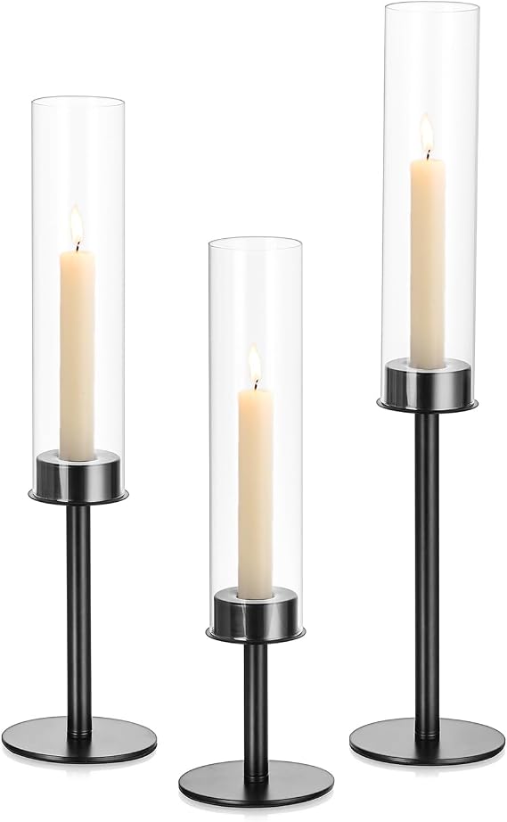 3er Set Stabkerzenhalter Schwarz Kerzenständer Glas