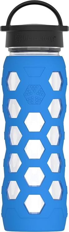 Lifefactory 22oz Glass Water Bottle with Classic Chug Cap, Ocean | Protective Silicone Sleeve, Chug Cap, Carry Handle, BPA Free, Reusable, Dishwasher Safe