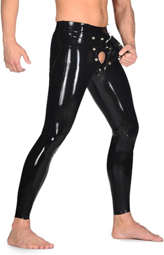 Men Black Latex Rubber Tight Long Pants Trousers with Detachable Codpiece Crotch Inside Openning JJ Hole (Customize Size)