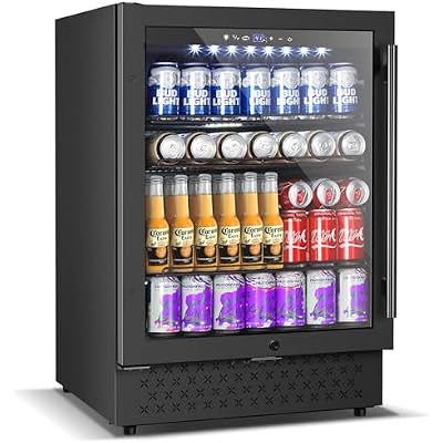 24 Inch Beverage Refrigerator, 5.2 Cu. Ft. Drink Refrigerator with Glass Door, 200 Cans Under Counter & Freestanding Drink Fridge, Reversible Door, Built-In Beverage Cooler for Kitchen, Bar or Office.