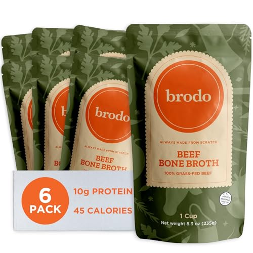 Brodo 100% Grass-Fed Beef Bone Broth, Collagen-Rich and Protein-Packed, Slow-Simmered with Organic Vegetables and Herbs, Nutrient-Dense Broth for Sipping and Cooking 6 x 8.3 oz. Pouches
