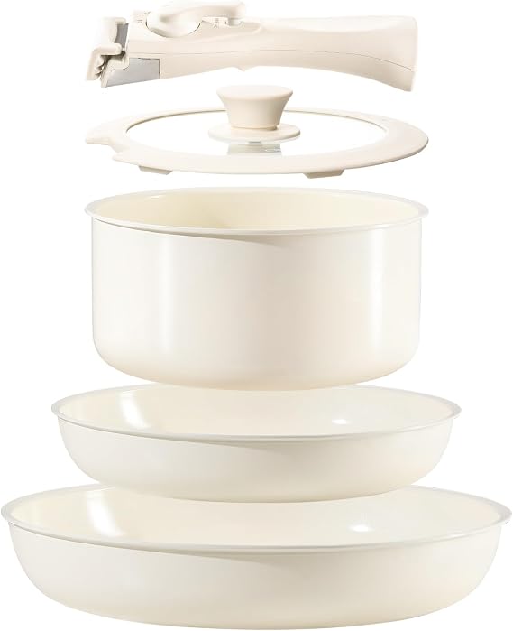 Ceramic Nonstick Cookware Set 5 Piece with Detachable Handle, Induction Dishwasher Oven Safe Pans and Pots Set, RV Kicthen Set Removable Handle, Cream White