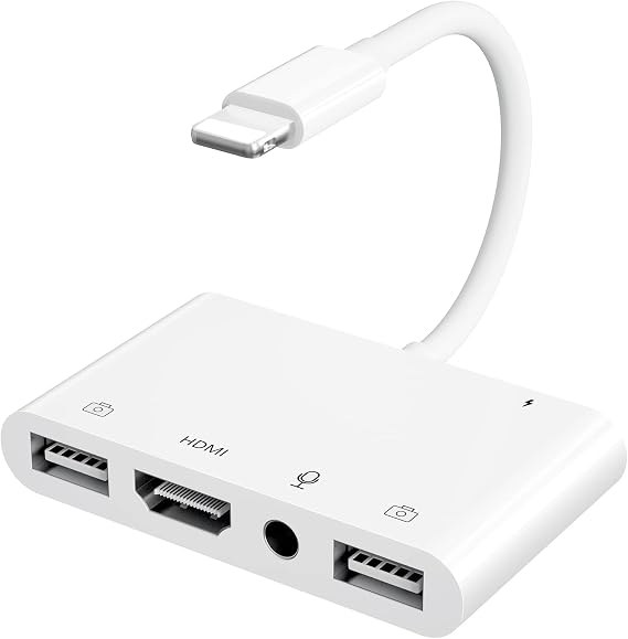 iPhone Microphone Adapter for Live-Streaming, HDMI Adapter for iPhone to TV, Dual USB Female OTG Adapter with Charging Port Compatible with iPhone/iPad/iPod, No Application, Plug and Play