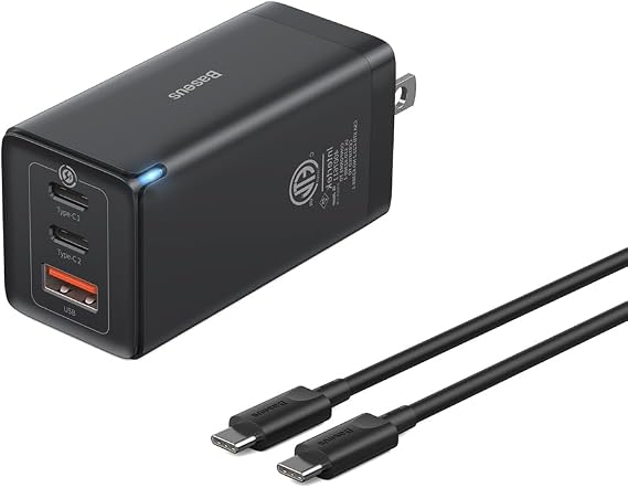 Baseus 65W USB C Wall Charger, 3 Ports Foldable GaN Charger, Fast Charger Block for iPhone 15/14/13/Pro Max/SE/XR/XS, Galaxy S22+/S22, MacBook Pro/Air, iPad, Laptops, Pixel, Steam Deck