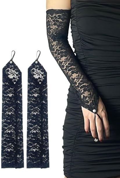Black Lace Gloves For Women, Elbow Length Opera Tulle Long Gloves, Goth Sheer Fingerless Gloves Evening Costume
