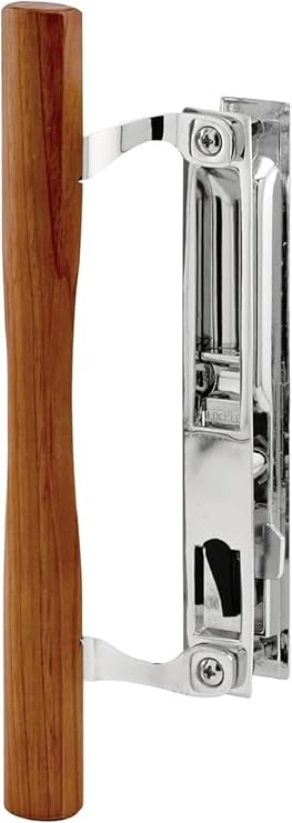 Chrome Diecast Sliding Door Handle Set with Wood Pull Handle | Flush Mount, Non-Keyed, 6-5/8" Screw Hole Spacing | Sliding Door Handle Replacement Repair Fix Sliding Door